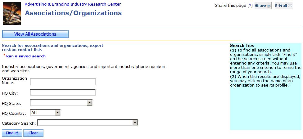 Industry Associations The Industry Associations selection on the main research center page will open the Association/Organizations page.