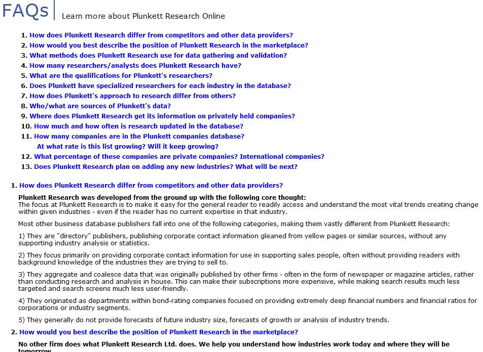 Header Tabs The Plunkett Research Online header has seven tabs. These are Home/Industry List, Contact & Support, MyResearchAccount, Administrator, Terms of Use, FAQs and Log Out.