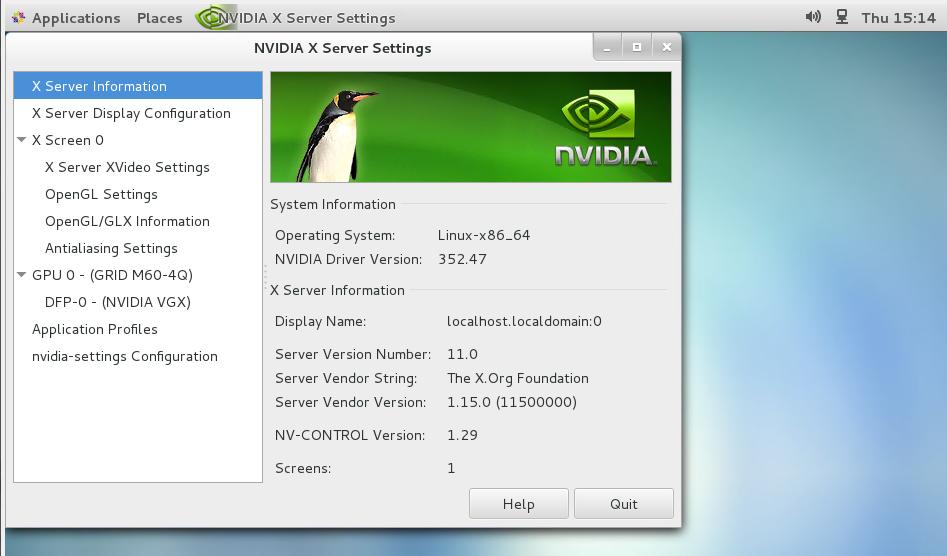 Using vgpu on Linux Figure 19 Verifying operation with nvidia-settings 3.. Licensing GRID vgpu on Linux GRID vgpu is a licensed feature on Tesla M6, Tesla M1, and Tesla M6 GPUs.