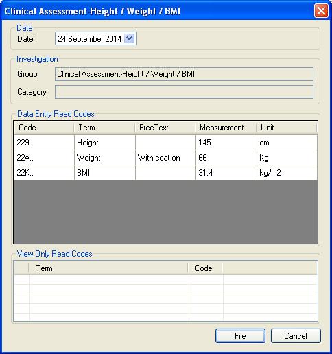 QUANTITATIVE DATA ENTRY SCREEN: Used where values are recorded against predetermined READ codes,