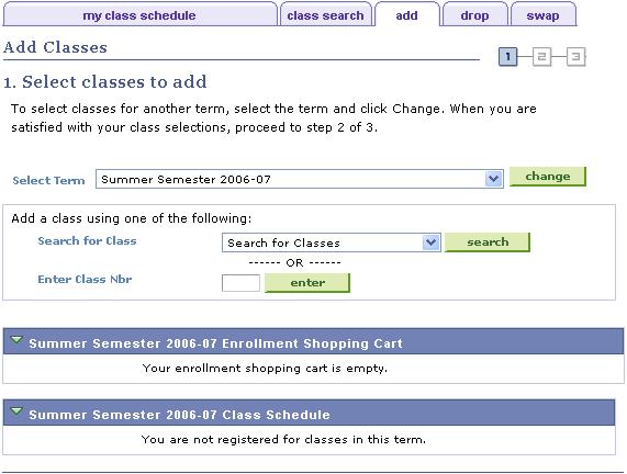 Verify the semester in which you want to register on the top of the page. Select the desired semester from the drop down and click.
