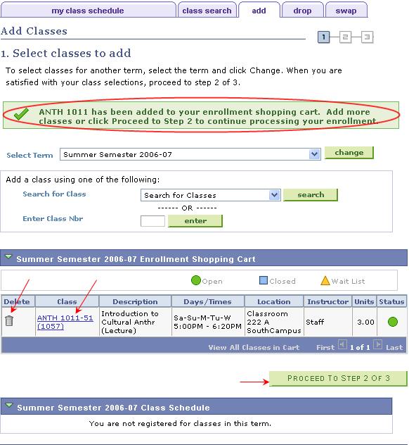 A message (highlighted in the screen) indicating that the class has been added to the enrollment shopping cart is displayed. The class is listed in the Enrollment Shopping Cart section.