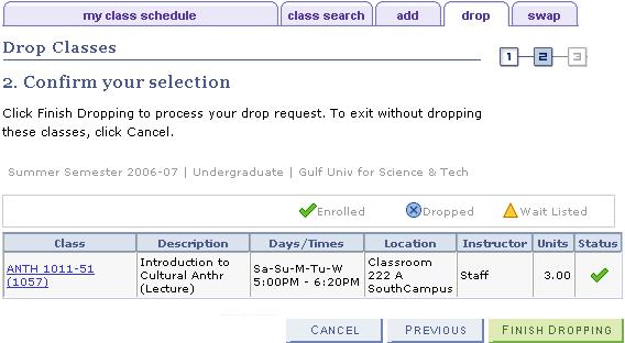 page. Drop Classes page as shown below is displayed.