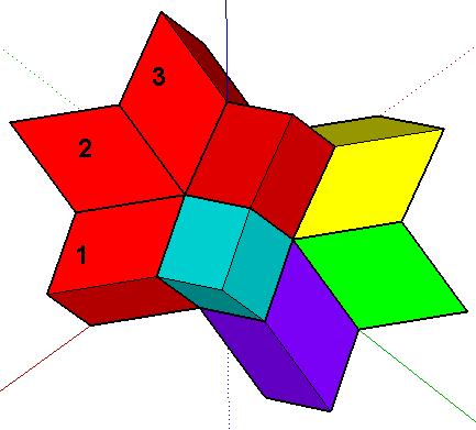 9. Enter 3x to make three more copies; now five rhombohedron surround this vertex.
