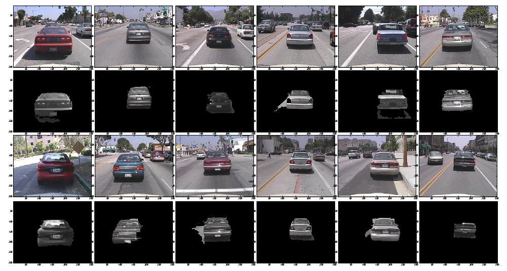 Figure 5-3: Segmentation examples from the car dataset. The first and third rows show original images, the second and fourth row the segmentation given by our model (FLPT).