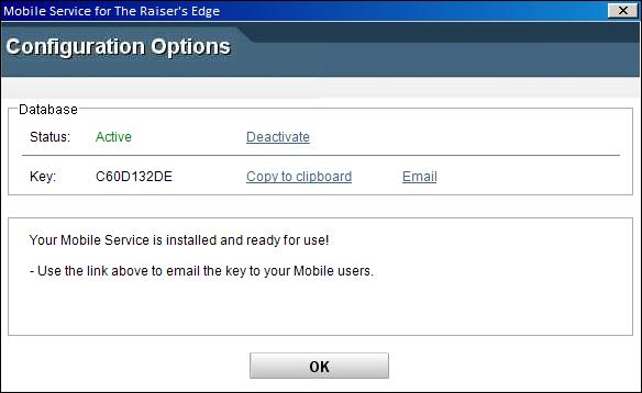After you install the Mobile Web Service, from the Web Services page, click Mobile Service for The Raiser s Edge, under Installed Services. The Configuration Options screen appears.