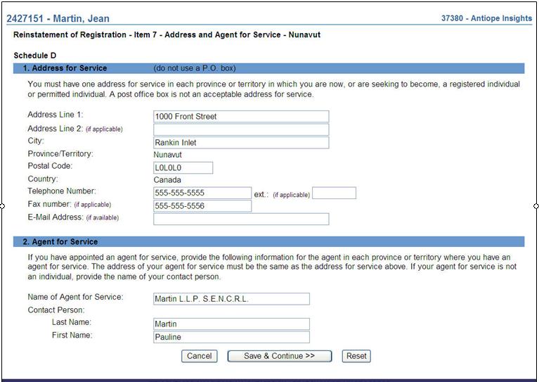 16. To manually add Address for Service information, select Add from the Search criteria page in step 13. Complete the information, including Agent for Service if appropriate. Click Save & Continue.