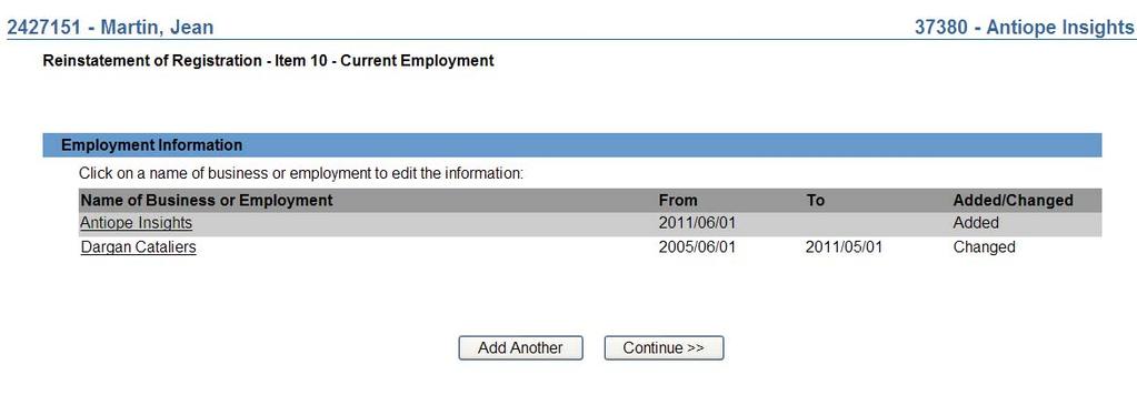 27. The system displays the list of hyperlink with the current employment record added.