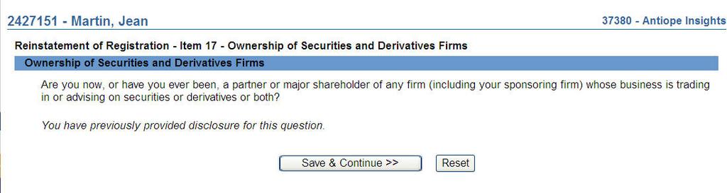 The system displays the previous disclosure, if any, for Item 17 Ownership of Securities and Derivatives Firms.