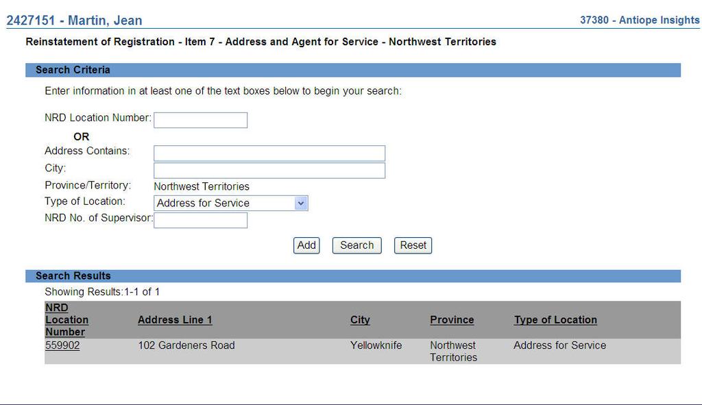 14. From the search results, select the location for the individual s Address for Service by clicking on the NRD location number hyperlink.