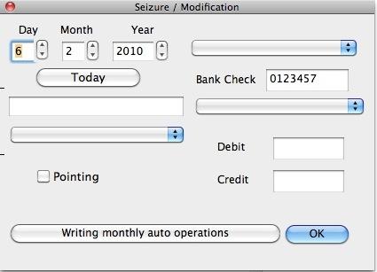 Type Description Category Category: Select the category desired in local menu. The list of the categories can be modified by preferences. Debit and Credit: To seize the corresponding amounts.
