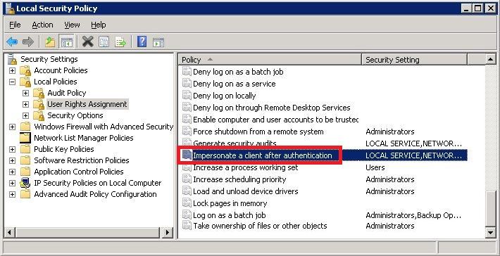 9 In the right-hand pane, under Policy, double-click Impersonate a client after authentication.