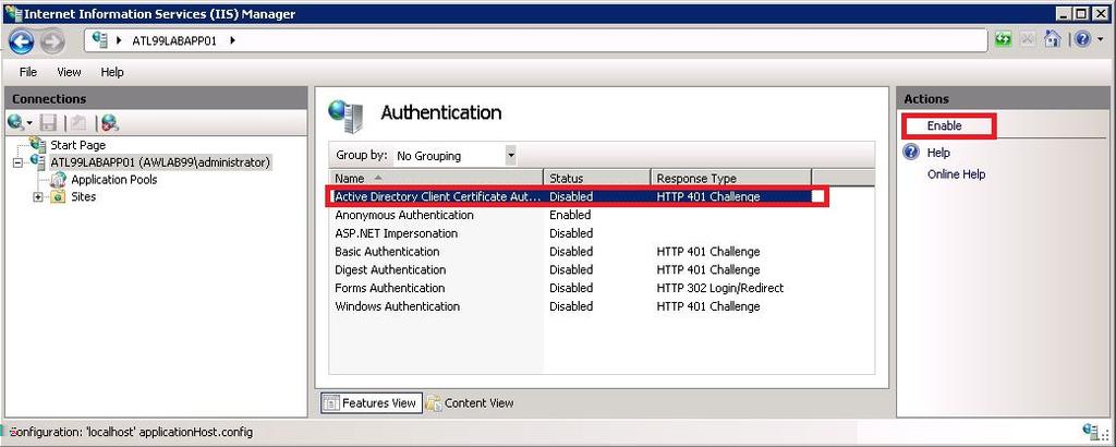 3 In the main pane, under the IIS section, double-click the Authentication icon. 4 Select Active Directory Client Certificate Authentication. 5 In the right-hand pane, select Enable.