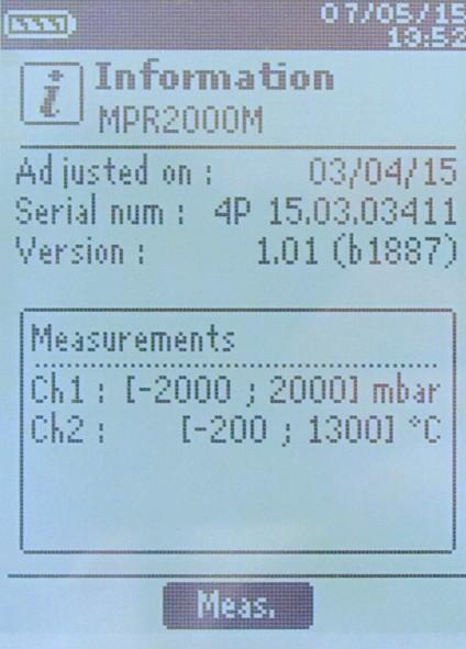 3. Information Information menu allows to view information about the instrument, probes and module connected to the Wireless probe, Mini-DIN 1, Mini-DIN 2 or Module connections.