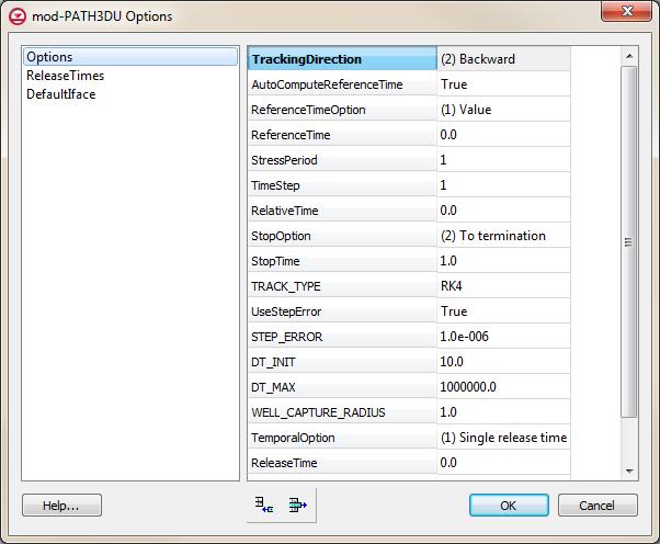 3. Select (2) Backward from the Tracking Direction drop-down. Figure 4 mod-path3du Options dialog. Notice that ReferenceTime is set to 0.