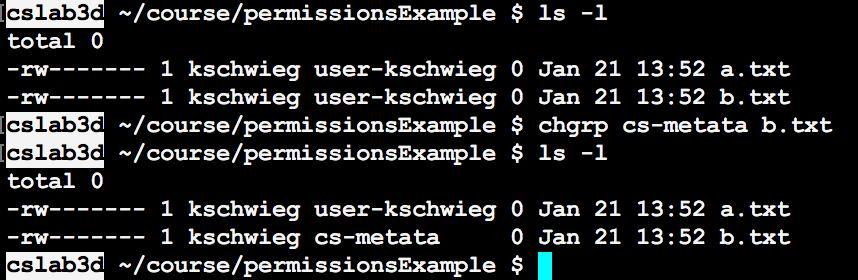 Changing Permissions (2/2) chgrp changes the owning group Usage: chgrp [args] <newgroup> <files > newgroup is the group you