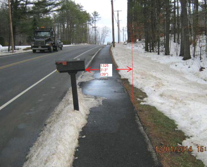 The following picture shows a mailbox with reasonable offset: Mailboxes in sidewalk areas should leave at least 36' behind the back of the box or the post, whichever is located the furthest