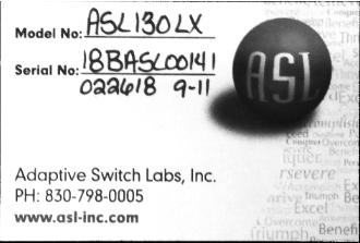 Product label (head array) containing: A: Adaptive Switch Labs logo B: Serial number Product label (interface boxes) containing: A: Model