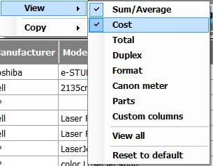 b. Columns groups Some columns are organized, such as columns corresponding to the various printing format, cost, line, sum and average.