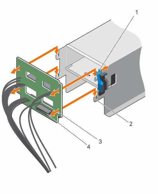 Figure 47. Removing and installing the PIB Next steps 1. release latch 2. hooks (4) 3. slots (4) 4. PIB connector 1. Install the PIB. 2. Follow the procedure listed in After working inside your system.