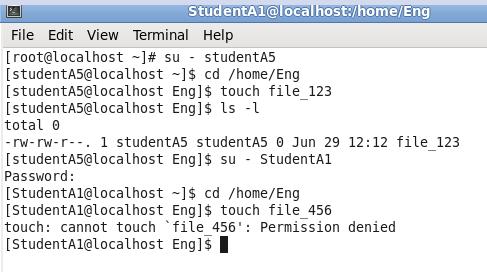 20. Create a file: touch grp_file1 You will notice that StudentA1 does not have permission to create the file because it does not belong to the group called Engineering. Deleting the Eng directory 21.