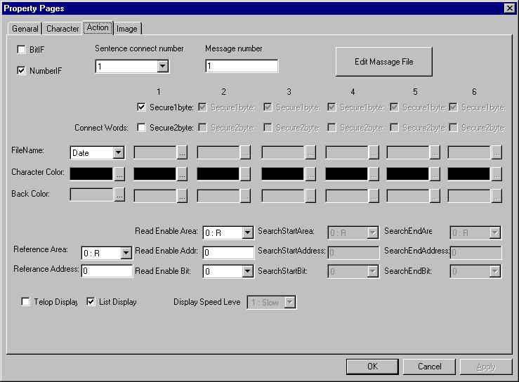 2. FAPT PICTURE (Windows) Action BitIF: (The bit interface is currently not specifiable.) NumberIF: Check this check box to select the number interface to specify message phrases with numbers.