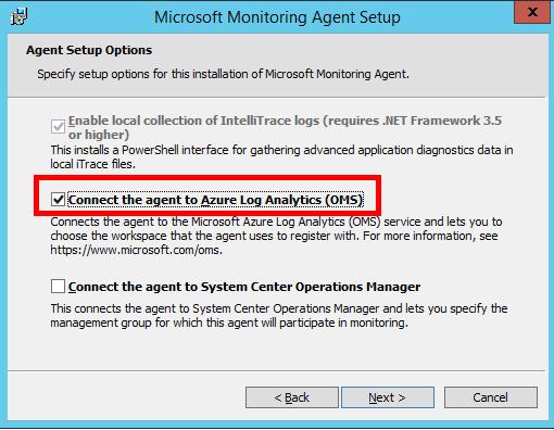 8. On the Agent Setup Options page, choose the Connect the agent to Azure Log Analytics (OMS) option. Click Next. 9.