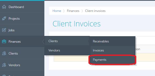 1. Go to the Finances=>Clients=>Payments menu: 2.