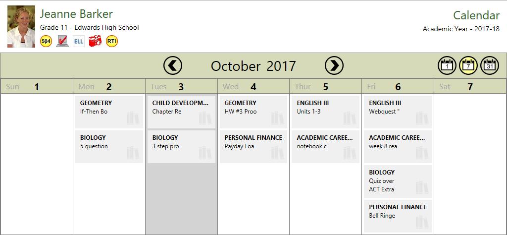 In Week view, all of the events on the calendar display in tiles. Clicking a column heading will take you to the Day view for that date.