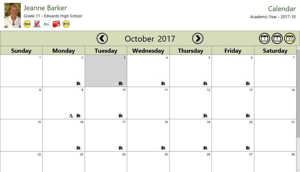 Month view displays the entire month with today highlighted in gray.