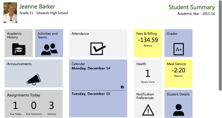 Student Summary Upon logging in, the Student Summary screen is displayed. The student s picture and name appear in the upper-left of the window, and the Academic Year shows on the right.