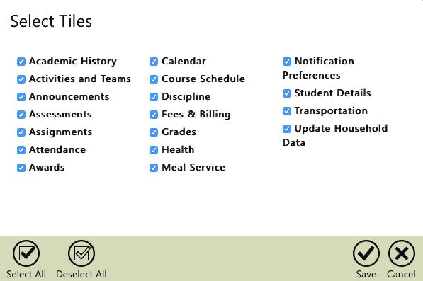 The Tool Bar allows you to decide which tiles show on the Student Summary screen. Click the Select Tiles button to see a full list of available tiles.