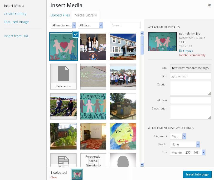 The media library will appear. The Media Manager will open and walk you through the process of choosing, uploading, and inserting the image. You can choose an existing picture, or upload a new one.