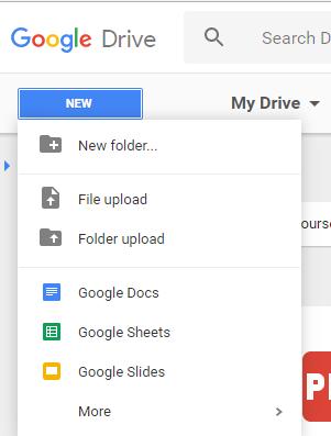 From within Google Drive, you can create Google Docs (word processing documents similar wo Microsoft Word docs), Google Sheets (spreadsheet creator similar to Microsoft excel), and Google Slides )
