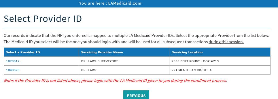 At the Select Provider ID screen, users must select the appropriate Provider from the list of mapped Provider IDs.