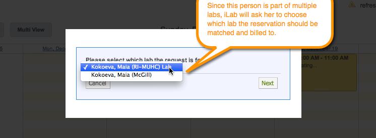 Select the desired tab to proceed. 4. Scheduling equipment: locate a calendar and click View schedule, next, click and drag on the calendar to create a reservation. a. If you are part of multiple labs you will be asked to select the lab in which the reservation should be billed to.
