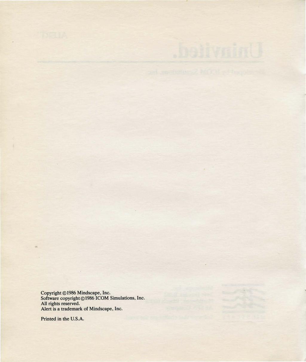 Copyright 1986 Mindscape, Inc. Software copyright 1986!COM Simulations, Inc.