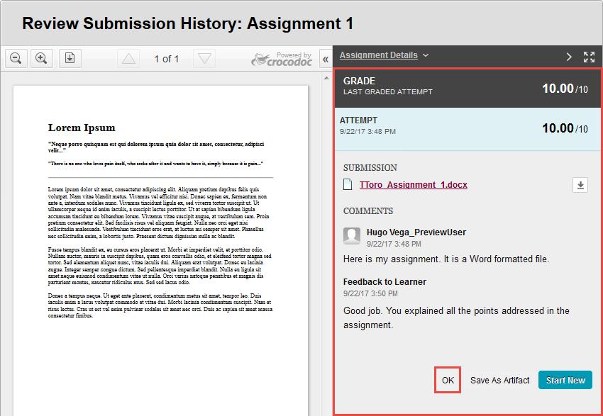 In the Review Submission History page, the score and feedback can be found on the right column. To exit the page, click OK.