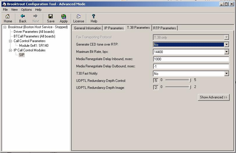 Running the Dialogic Brooktrout Configuration Tool T.38 Parameters Tab for SIP Stack The T.38 Parameters tab for a SIP stack allows you to set values for the following parameters.