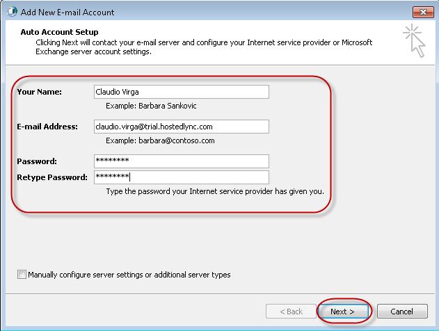 You will then be presented with the Auto Account Setup window. First, type in your full name in the Your Name field.