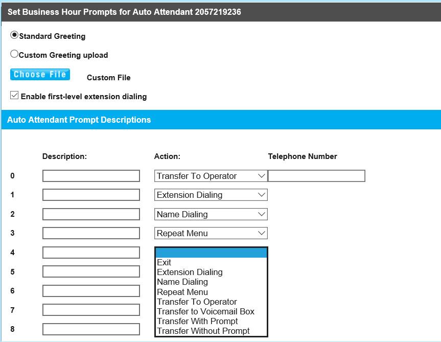 Auto Attendant Selecting Set Business Hours Prompts or Set After Hours prompts will load a configuration page similar to image 38.3 Fill in the fields with the desired information.
