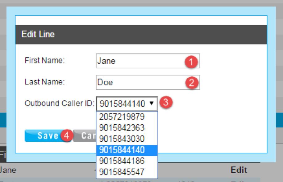Manage Lines Manage Lines provides functionality to update phone line user assignments and outbound Caller ID information. Use image 46.1 and the following instructions to configure this feature.