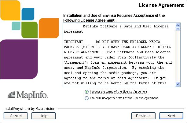 Chapter 3: Installing Envinsa 3. In the License Agreement screen, review the agreement.