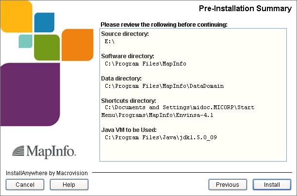 22. In the Pre-Installation Summary screen, review the installation options and click Install to start installing Envinsa. The installer will install Envinsa to your computer.
