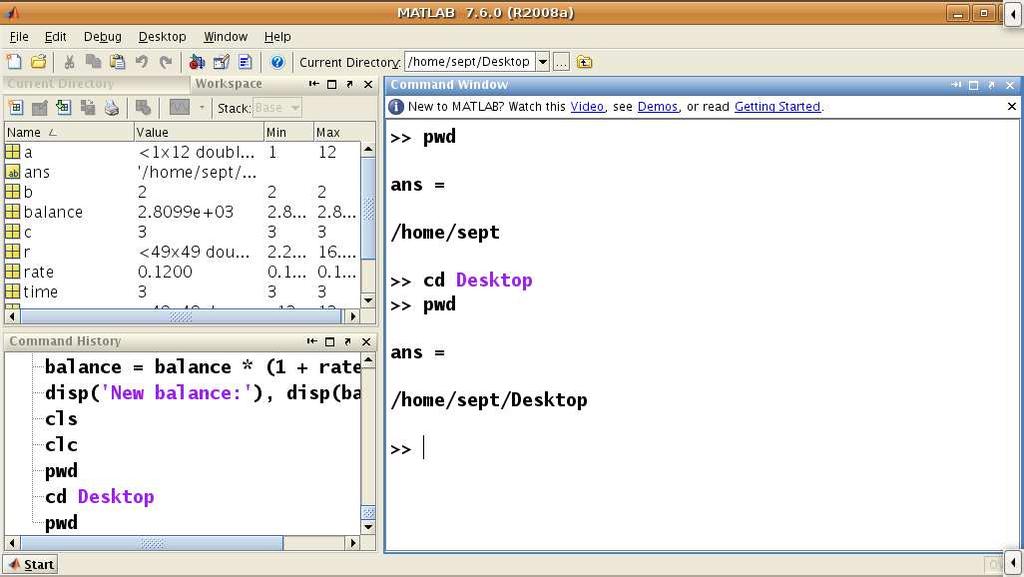 m for function files pwd shows the current directory of matlab cd change directory to run the script file change