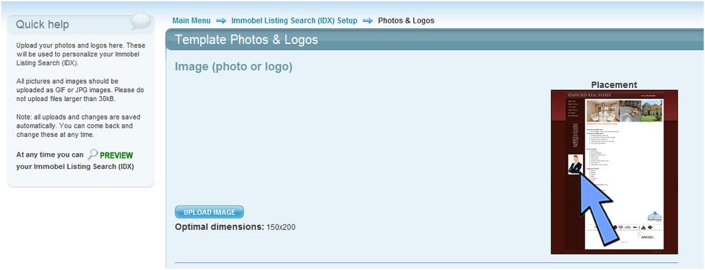 e. Photos You can upload photos and logos to be shown on your Immobel Listing Search (IDX) Depending on the Style chosen, you will be provided with options to add new pictures/logos to individualize