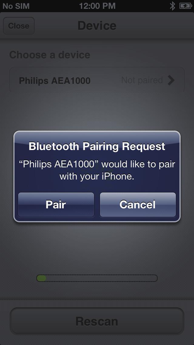 »» After the InRange device is found, Philips AEA1000 appears on the app screen.