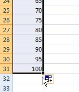 5. Drag the mouse to cell A31. This will fill the cells A11 through A31 with the numbers 0, 5, 10, 15,, 100. These numbers will be the x values in the graph we will create. 6.