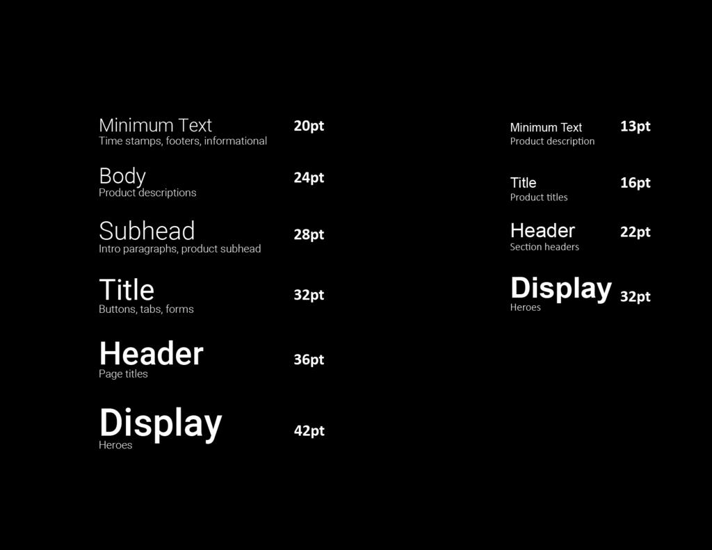 Mobile Type Scale Web Type Scale General font sizes used across our mobile apps. These sizes are based on iphone ⅘ and are scaled up for larger phones.