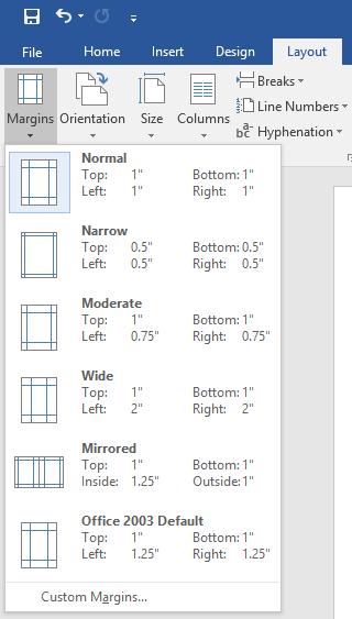 Adjusting Margins 1. Click on the Layout tab. 2. Click on Margins. Standard margins for a document are one inch. 3.